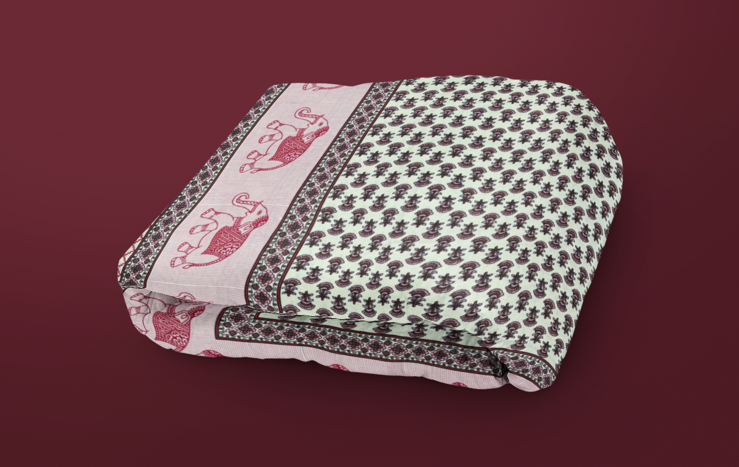 Jaipuri Cotton Pink Ethnic Elephant Border King Size Double Bedsheet 90x108 inches