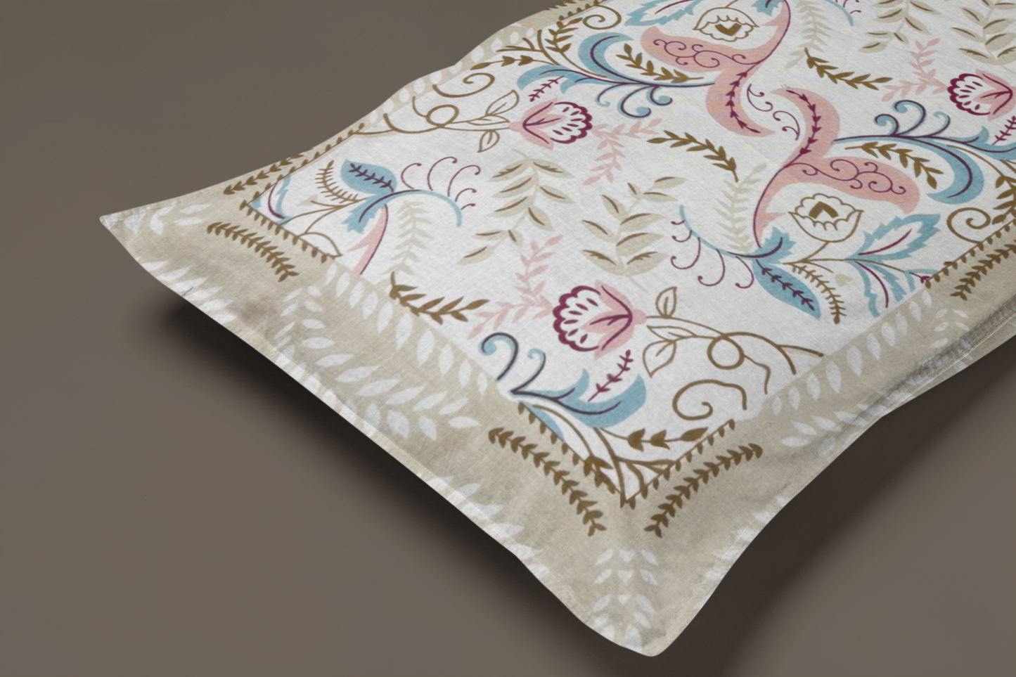 Jaipuri Cotton Beige Ethnic Feather Print King Size Double Bedsheet 90x108 inches