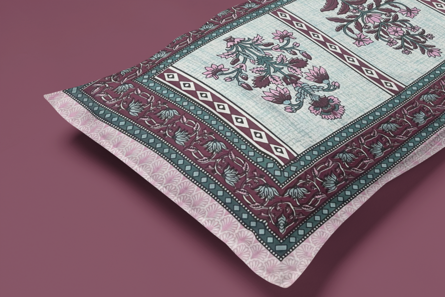 Jaipuri Cotton Pink Ethnic Flower and Bail Print King Size Double Bedsheet 90x108 inches