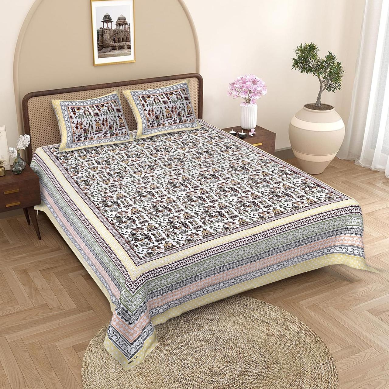 Jaipuri Cotton Yellow Ethnic Mandakini All-Over Print King Size Double Bedsheet 90x108 inches