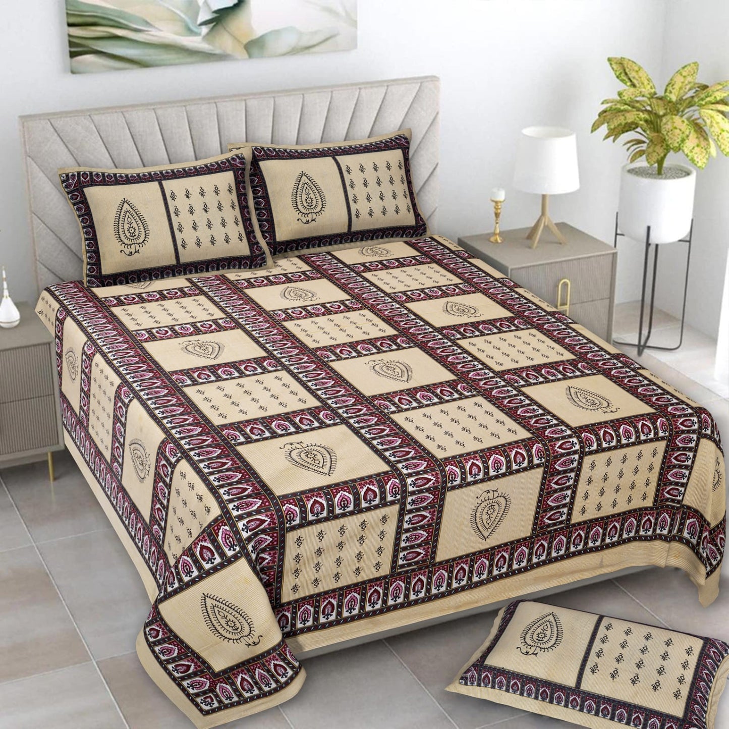 Jaipuri Cotton Yellow Ethnic and Modern Fusion King Size Double Bedsheet 90x108 inches