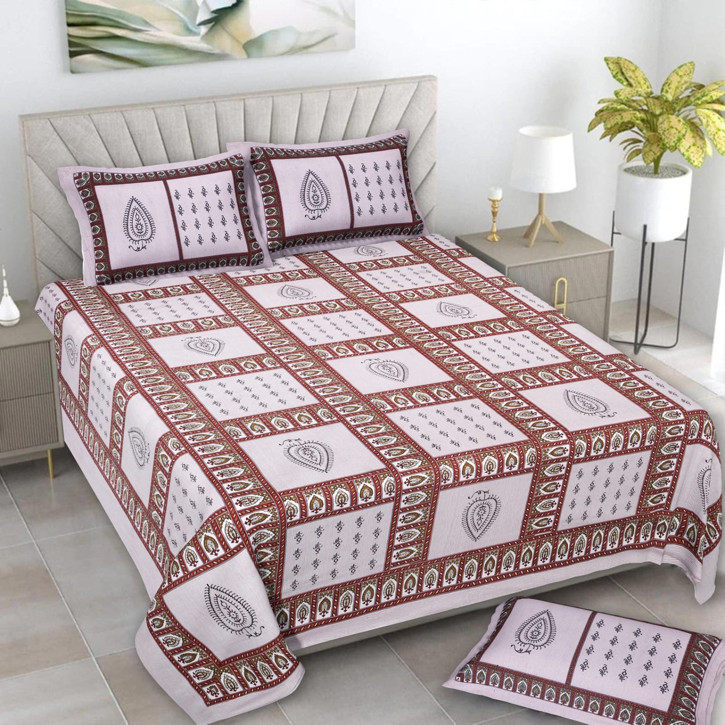 Jaipuri Cotton Pink Ethnic and Modern Fusion King Size Double Bedsheet 90x108 inches