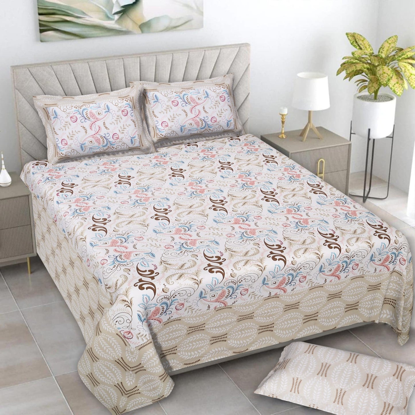 Jaipuri Cotton Beige Ethnic Feather Print King Size Double Bedsheet 90x108 inches