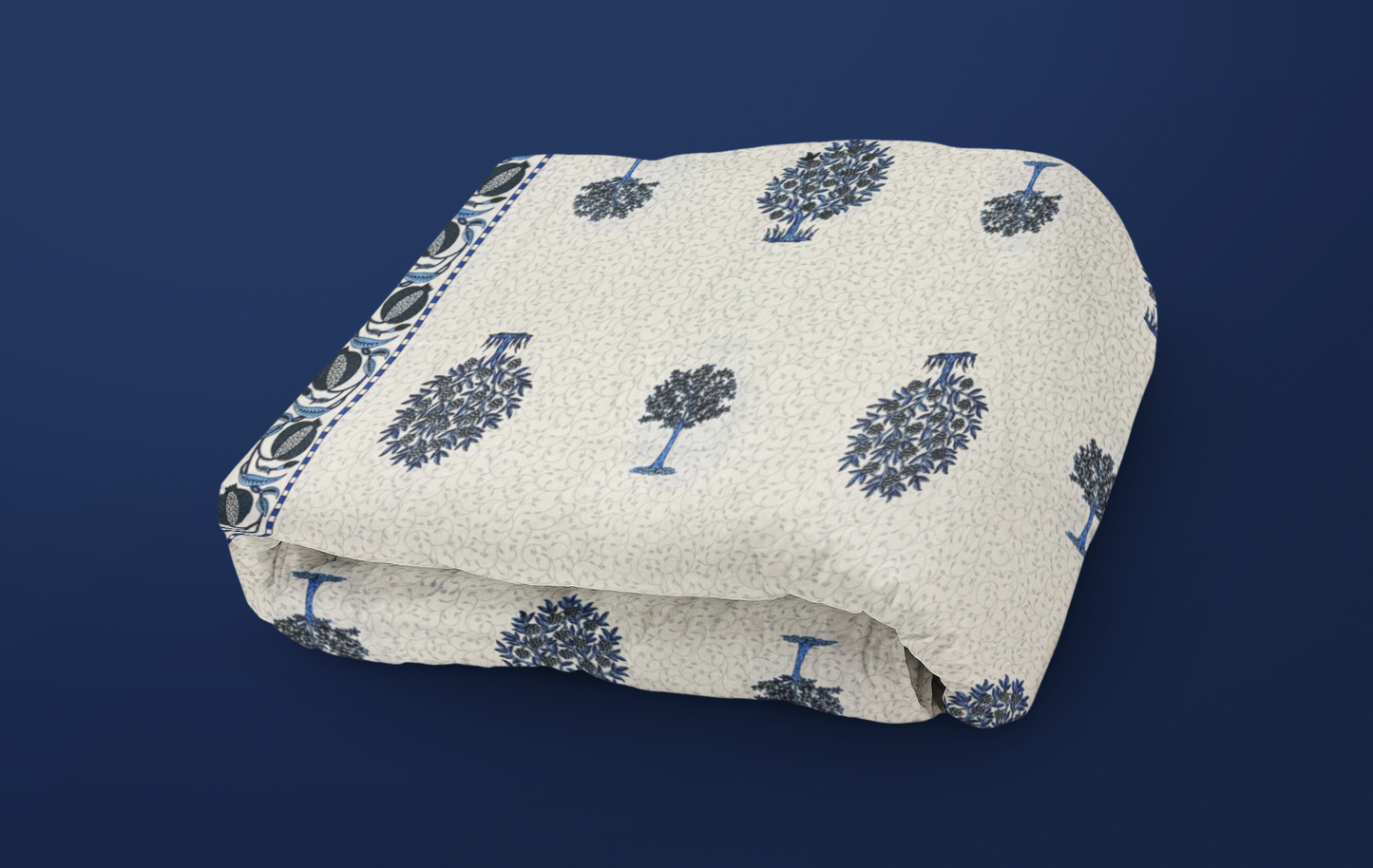 Jaipuri Cotton Blue Ethnic Tree Block Print King Size Double Bedsheet 90x108 inches