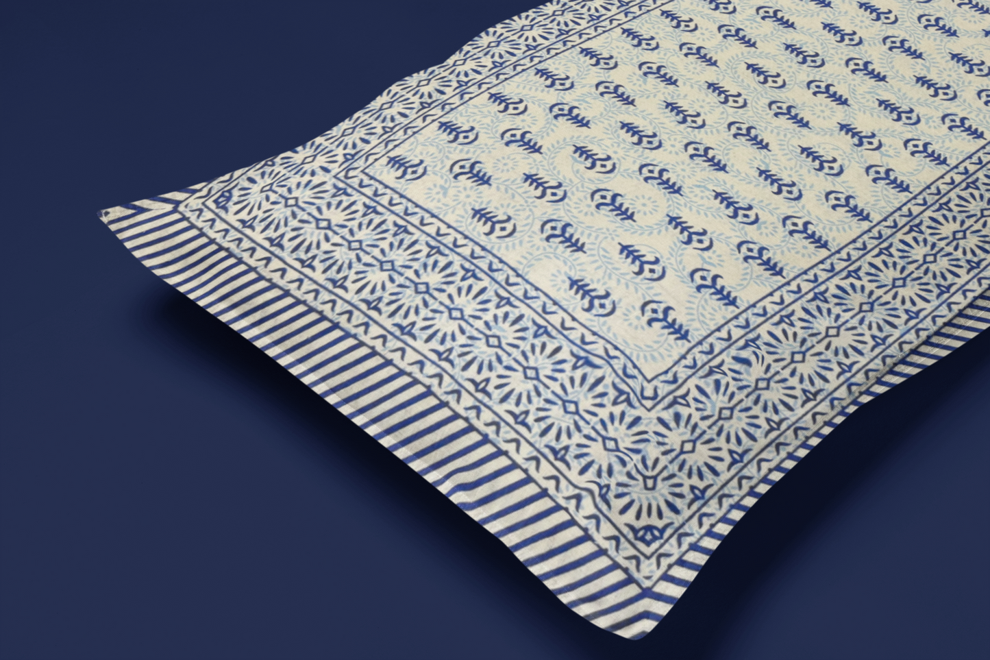 Jaipuri Cotton Blue Ethnic Leaf Border King Size Double Bedsheet 90x108 inches