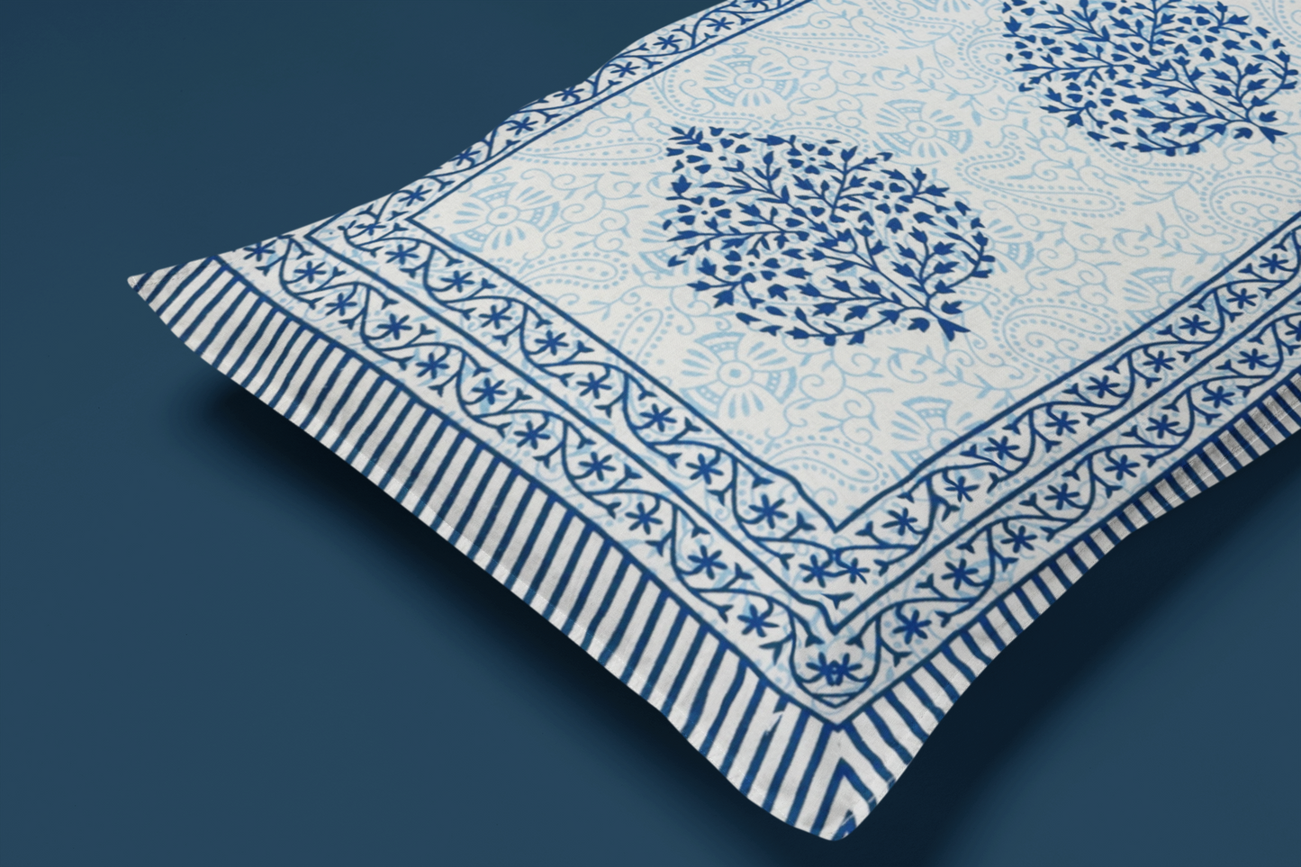 Jaipuri Cotton Blue Ethnic Traditional Leaf King Size Double Bedsheet 90x108 inches