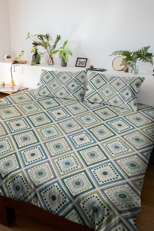 Green Geometry Design Double Bed Fitted Bedsheet | 72x78 inches | Up to 8 inches Mattress