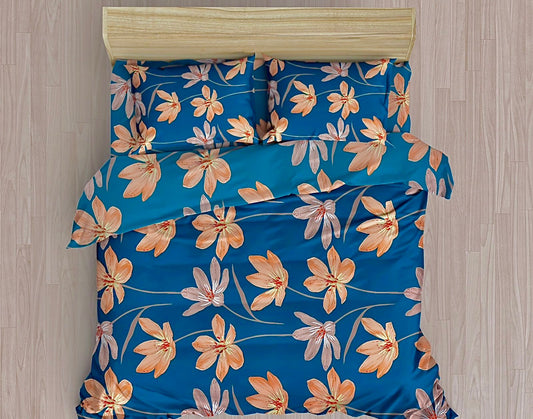 Blu & Orange Lily Flora Double Bed Fitted Bedsheet | 72x78 inches | Up to 6 inches Mattress