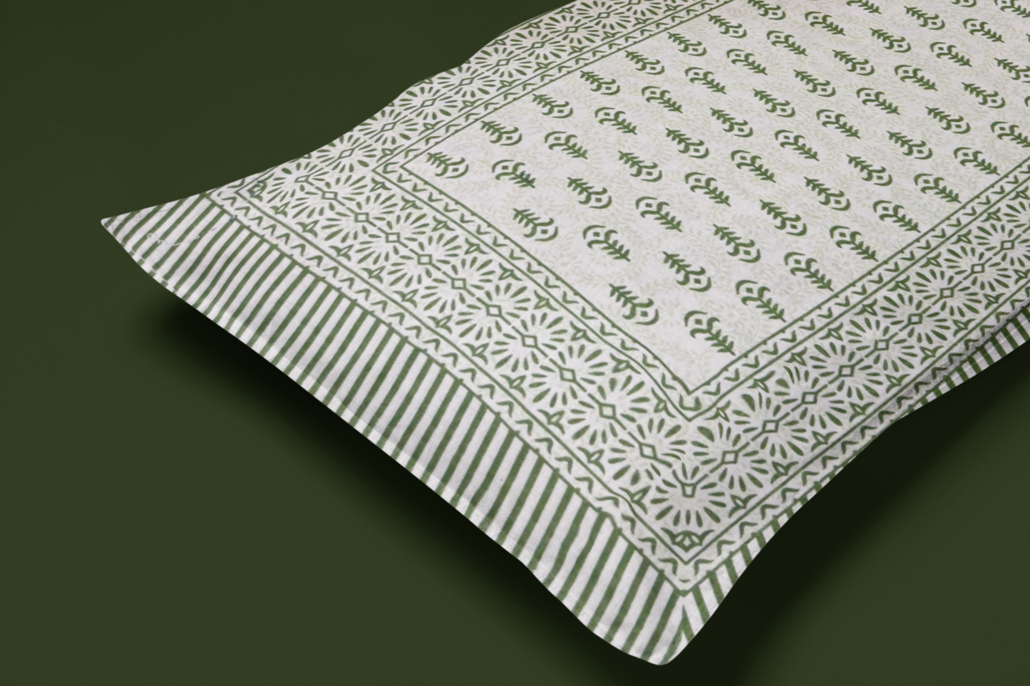 Jaipuri Cotton Green Ethnic Leaf Border King Size Double Bedsheet 90x108 inches