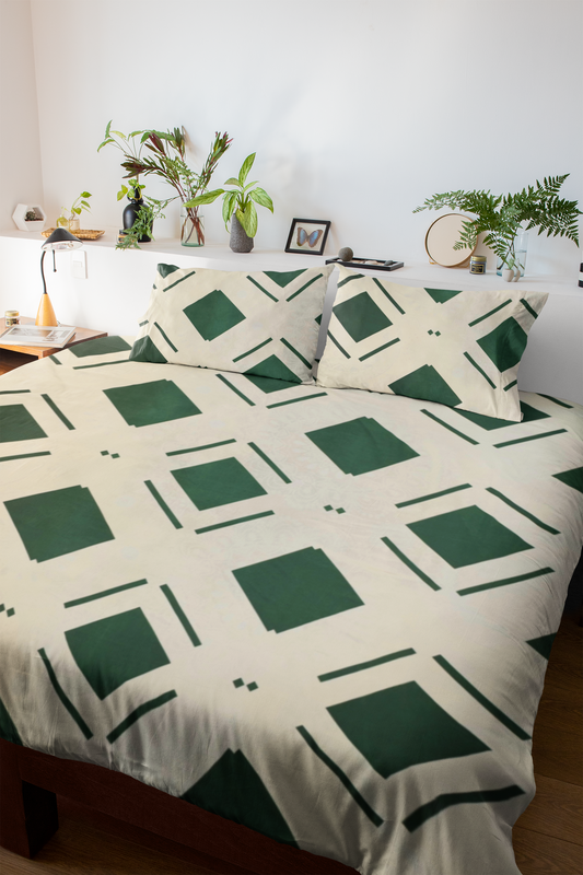 Cream and Green Diamond Geometry Design Double Bed Fitted Bedsheet | 72x78 inches | Up to 8 inches Mattress