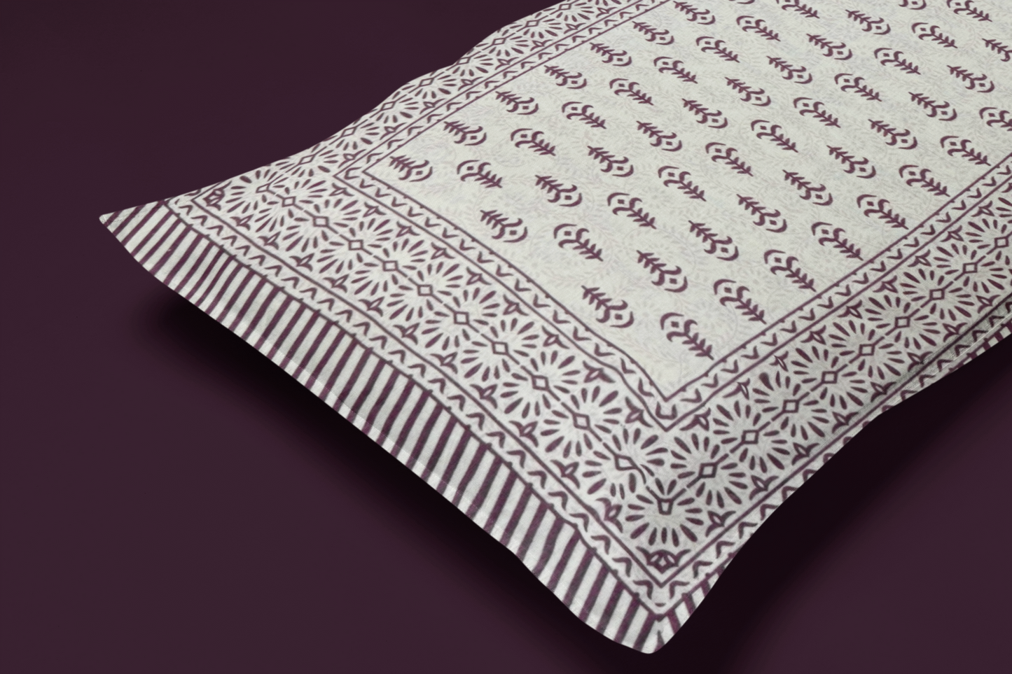 Jaipuri Cotton Purple Ethnic Leaf Border King Size Double Bedsheet 90x108 inches
