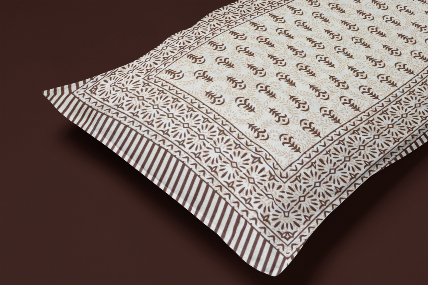 Jaipuri Cotton Brown Ethnic Leaf Border King Size Double Bedsheet 90x108 inches