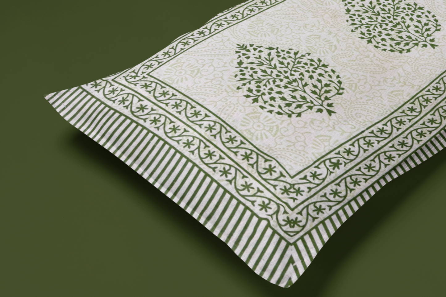 Jaipuri Cotton Green Ethnic Traditional Leaf King Size Double Bedsheet 90x108 inches