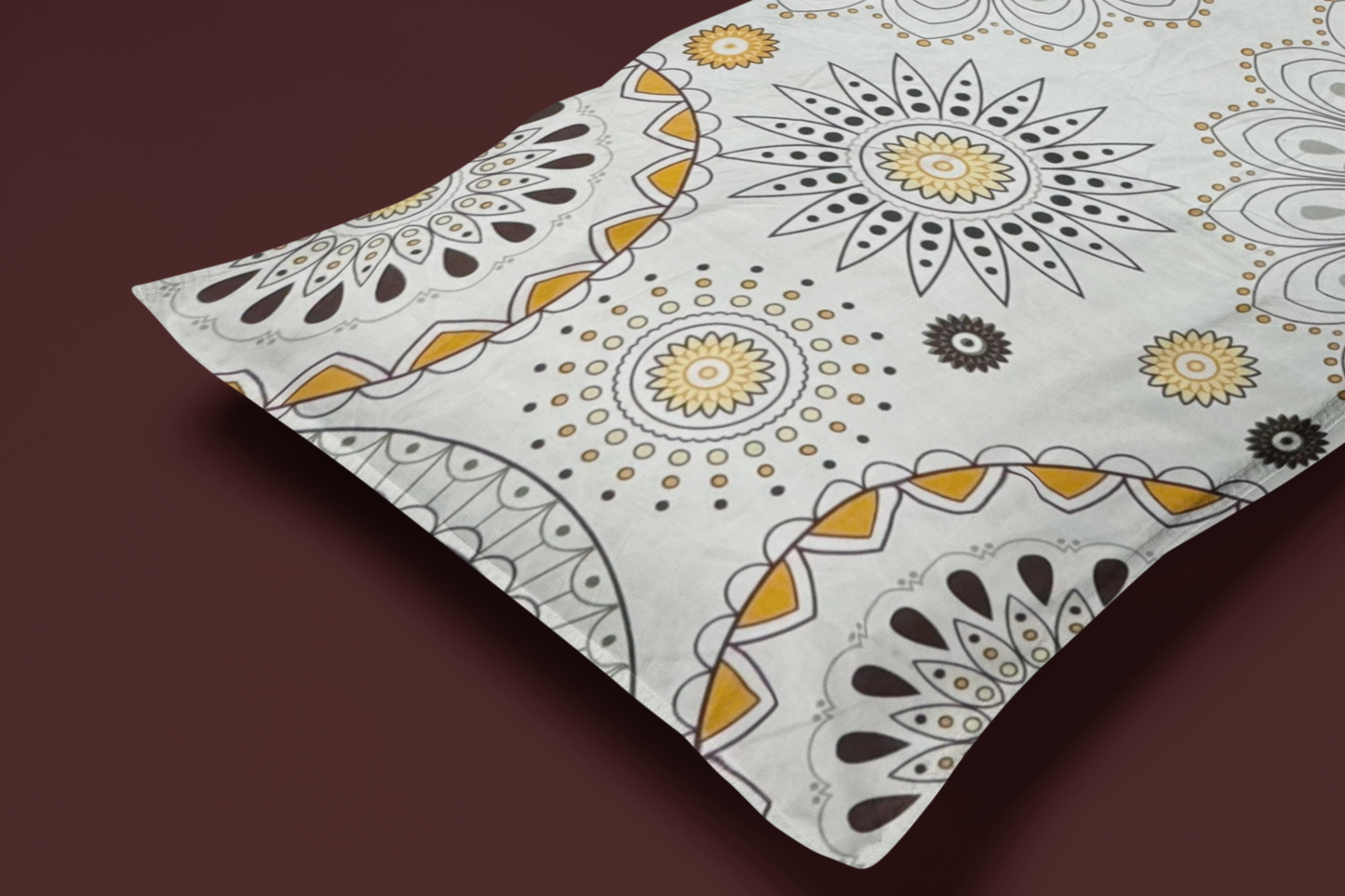 Cream & Orange Mandala Circle Geometry Design Double Bed Fitted Bedsheet | 72x78 inches | Up to 8 inches Mattress