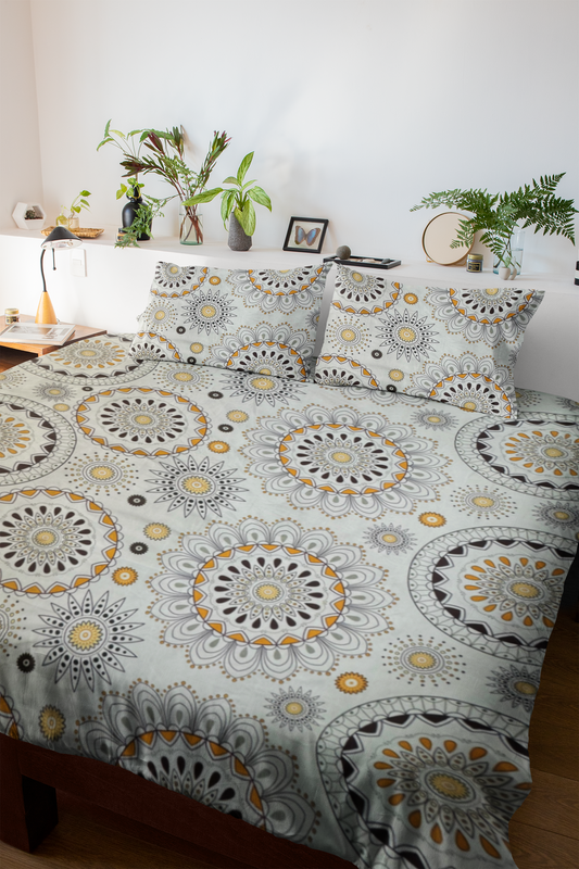 Cream & Orange Mandala Circle Geometry Design Double Bed Fitted Bedsheet | 72x78 inches | Up to 8 inches Mattress