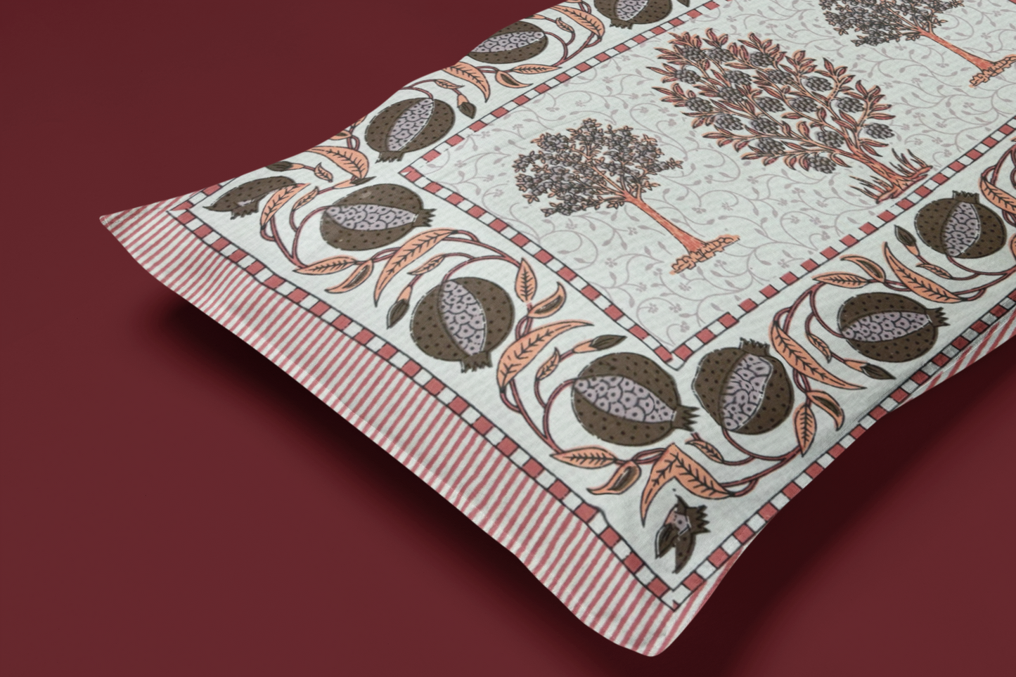 Jaipuri Cotton Peach Ethnic Tree Block Print King Size Double Bedsheet 90x108 inches