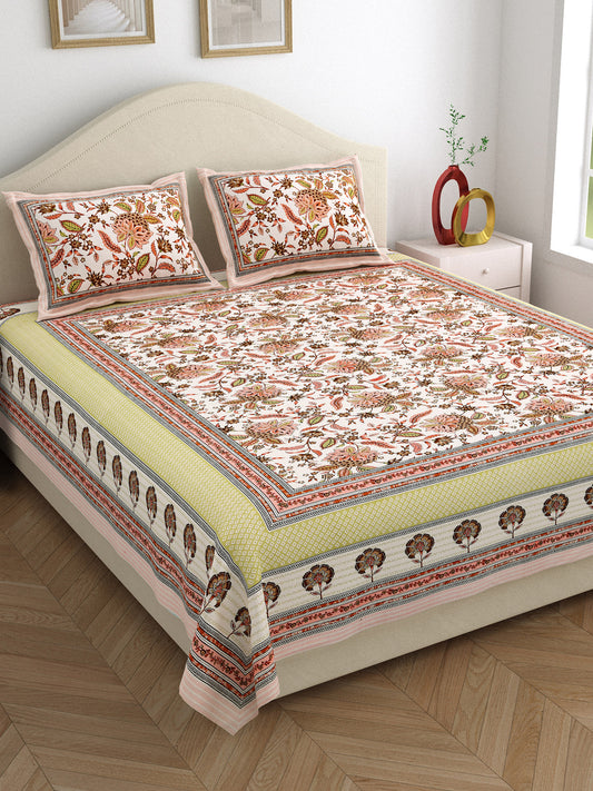 Jaipuri Cotton Peach Flower King Size Double Bedsheet 90x108 inches