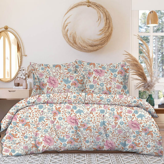 Cotton Feel Print Double Bed Fitted Bedsheet | 72x78 inches | Up to 6 inches Mattress