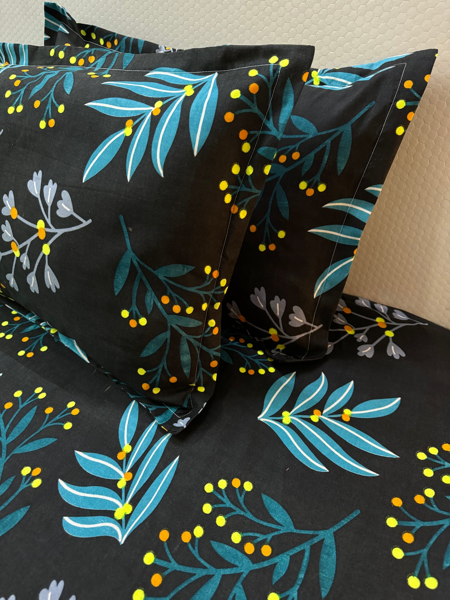 Black Neon Flora Double Bed Fitted Bedsheet | 72x78 inches | Up to 6 inches Mattress