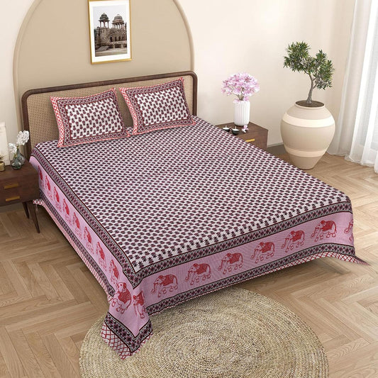 Jaipuri Cotton Pink Ethnic Elephant Border King Size Double Bedsheet 90x108 inches