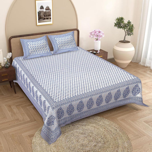 Jaipuri Cotton Blue Ethnic Leaf Border King Size Double Bedsheet 90x108 inches