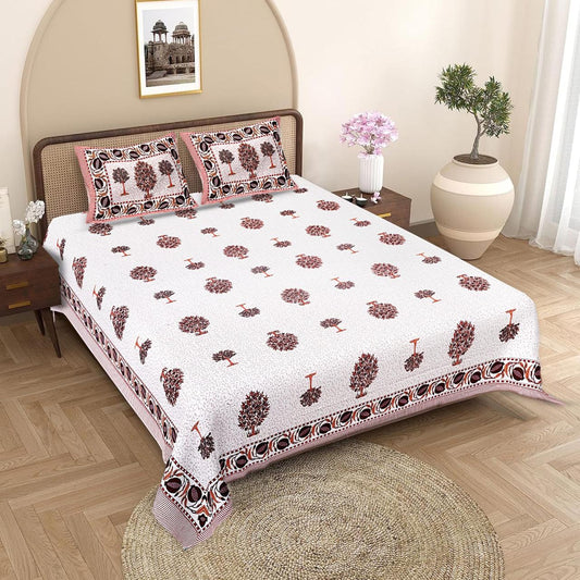 Jaipuri Cotton Peach Ethnic Tree Block Print King Size Double Bedsheet 90x108 inches