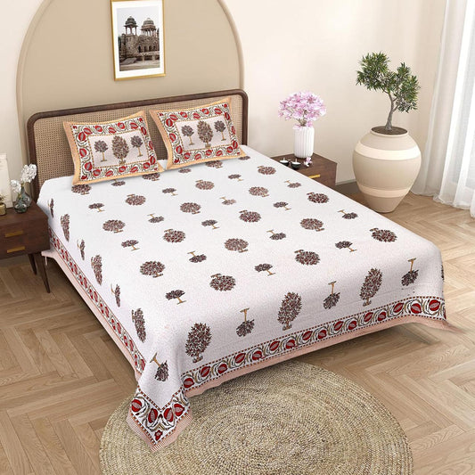 Jaipuri Cotton Orange Ethnic Tree Block Print King Size Double Bedsheet 90x108 inches