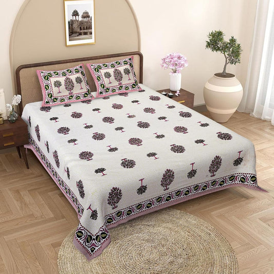 Jaipuri Cotton Pink Ethnic Tree Block Print King Size Double Bedsheet 90x108 inches