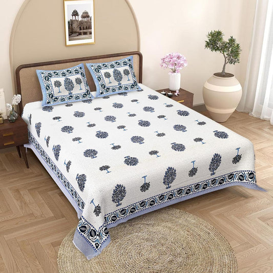 Jaipuri Cotton Blue Ethnic Tree Block Print King Size Double Bedsheet 90x108 inches