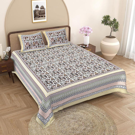 Jaipuri Cotton Yellow Ethnic Mandakini All-Over Print King Size Double Bedsheet 90x108 inches