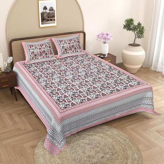 Jaipuri Cotton Pink Ethnic Mandakini All-Over Print King Size Double Bedsheet 90x108 inches