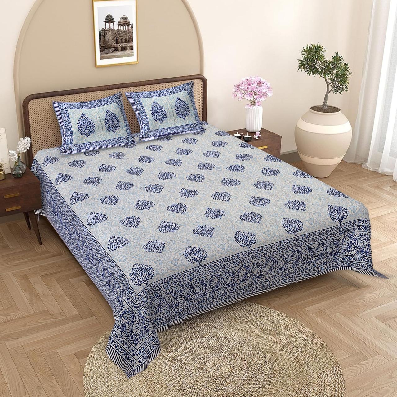 Jaipuri Cotton Blue Ethnic Traditional Leaf King Size Double Bedsheet 90x108 inches