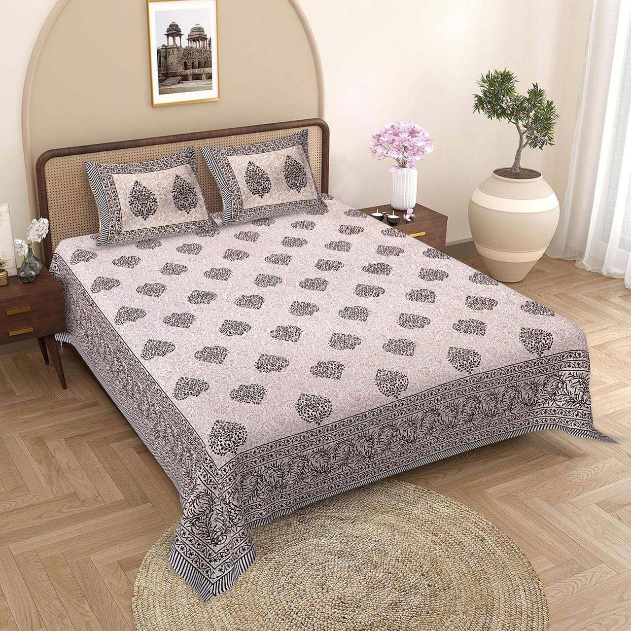 Jaipuri Cotton Brown Ethnic Traditional Leaf King Size Double Bedsheet 90x108 inches