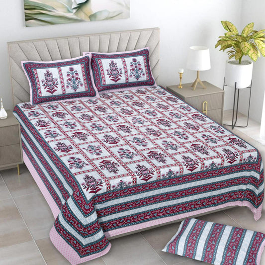 Jaipuri Cotton Pink Ethnic Flower and Bail Print King Size Double Bedsheet 90x108 inches
