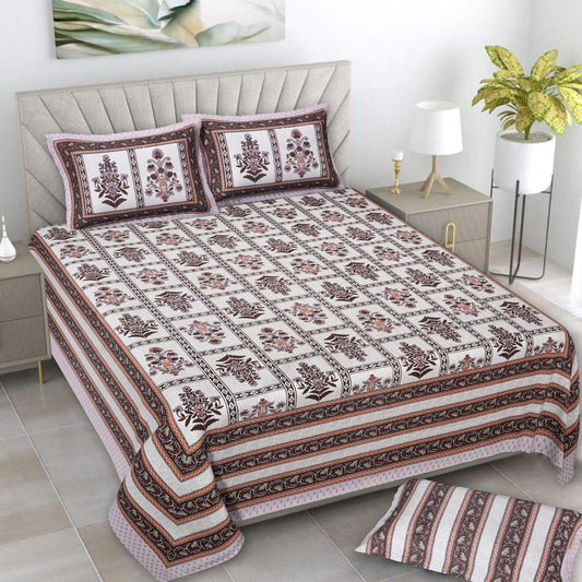 Jaipuri Cotton Maroon Ethnic Flower and Bail Print King Size Double Bedsheet 90x108 inches
