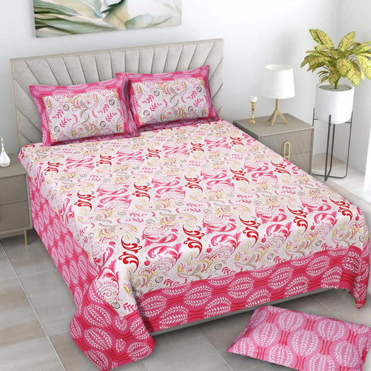 Jaipuri Cotton Pink Ethnic Feather Print King Size Double Bedsheet 90x108 inches