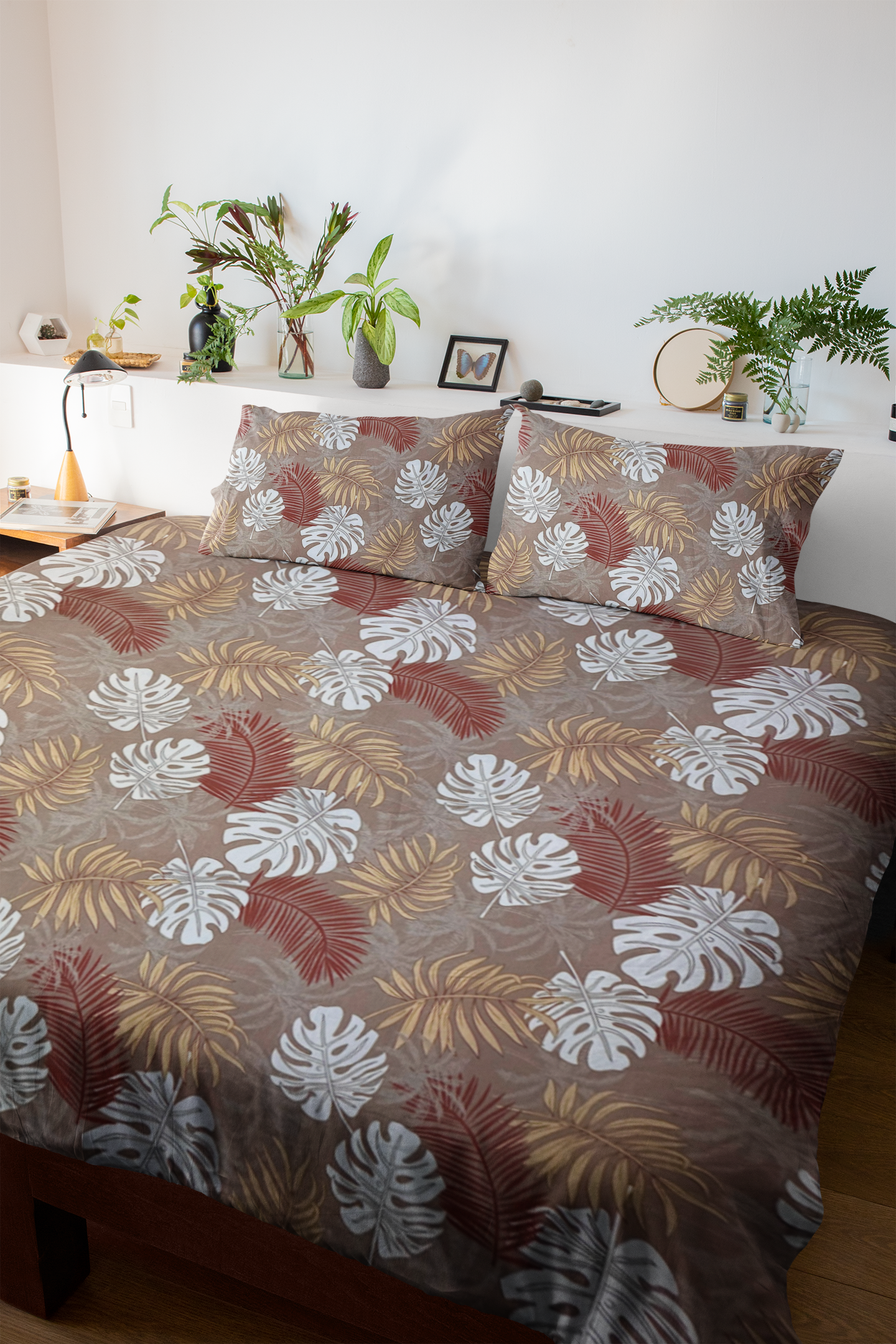 Dusty Brown Leaf Double Bed Fitted Bedsheet | 72x78 inches | Up to 8 inches Mattress