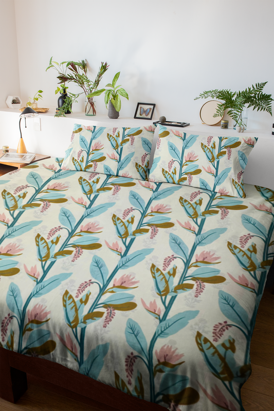 Blue Seasonal Leaves Double Bed Fitted Bedsheet | 72x78 inches | Up to 8 inches Mattress