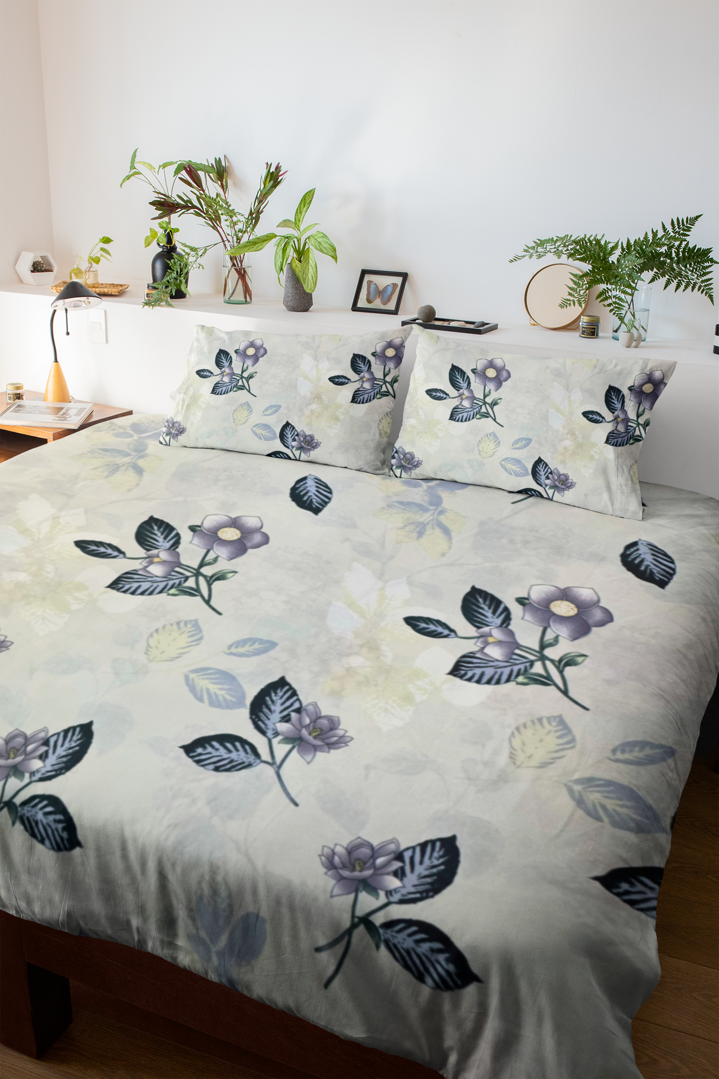 Ocean Blue Leaf Double Bed Fitted Bedsheet | 72x78 inches | Up to 8 inches Mattress